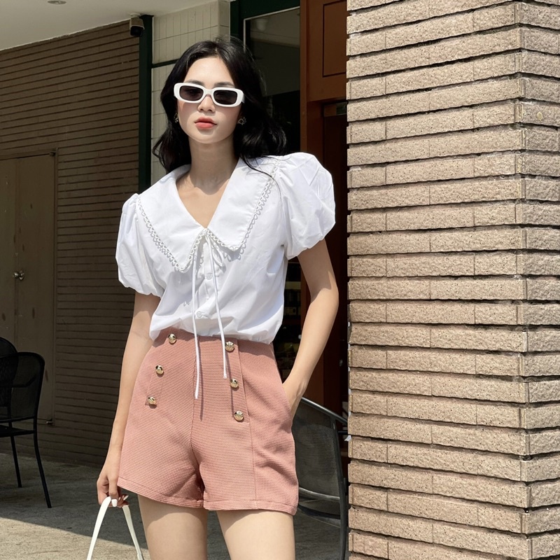 Áo sơmi cổ lá sen tay ngắn phồng trắng kate - Audrey Studio
