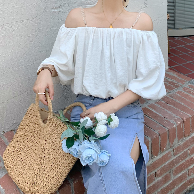 Off the shoulder top / summer white bubble sleeve T-shirt / sleeveless top