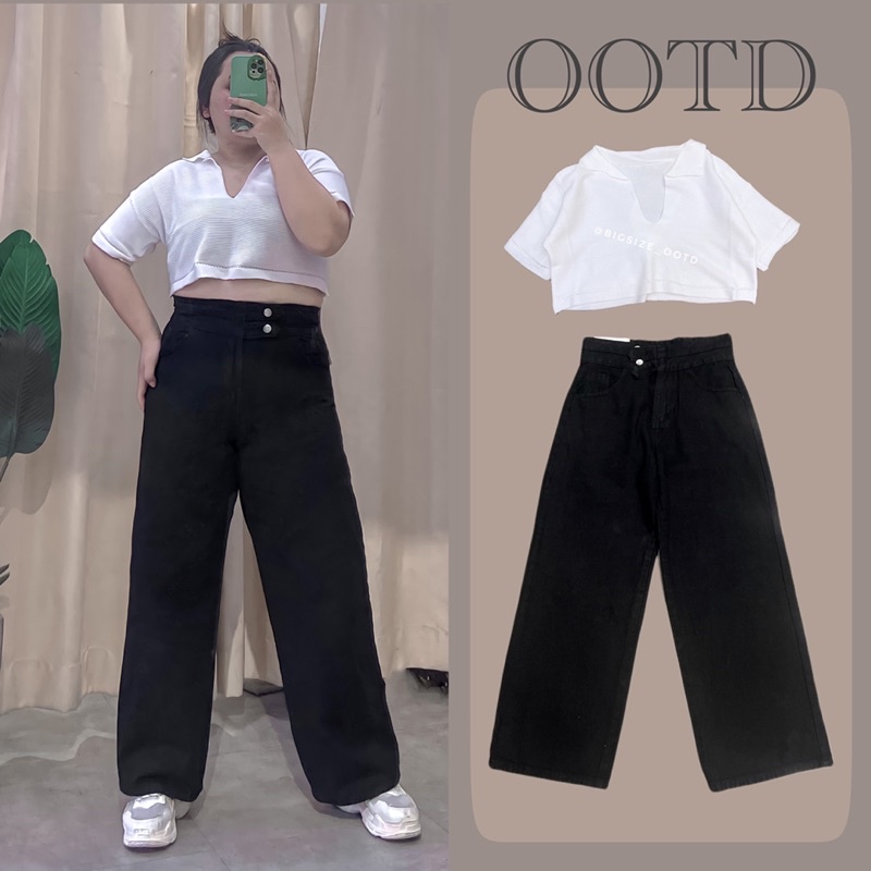 Quần jean ống suông bigsize đen cạp nhọn