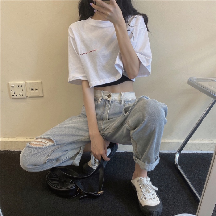 One Set Áo Lửng Ngắn Tay + Quần Short Lưng Cao Ống Rộng Thời Trang Hàn Quốc