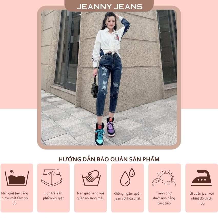 Quần bò baggy nữ JEANNY JEAN rách lưng cao ống ôm chất co giãn màu xám đen 091