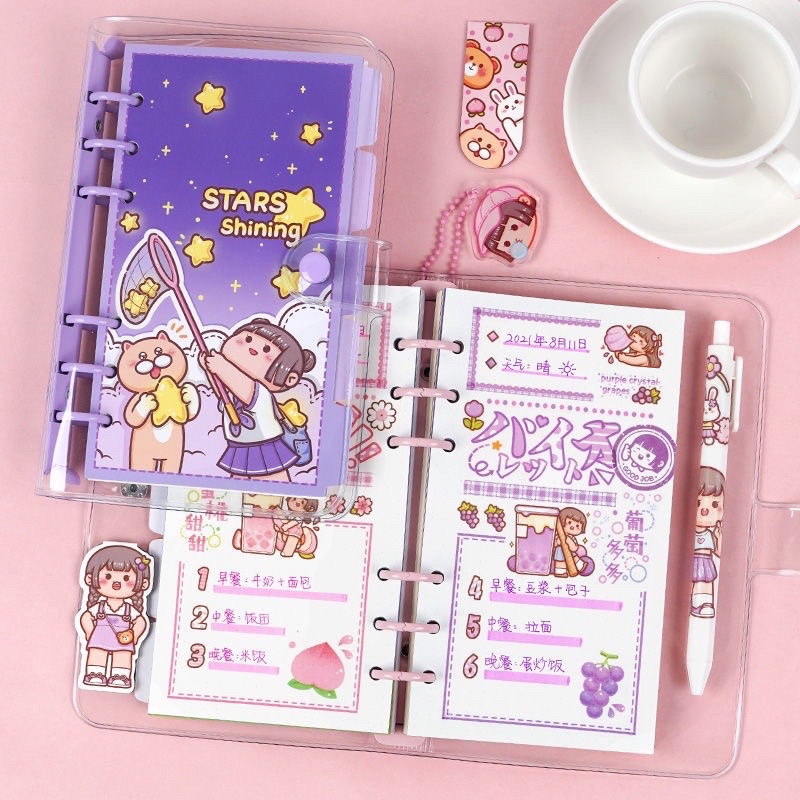 Set hộp quà tặng có sổ tay và cuộn băng keo washi dễ thương + sticker + móc khoá + bookmark