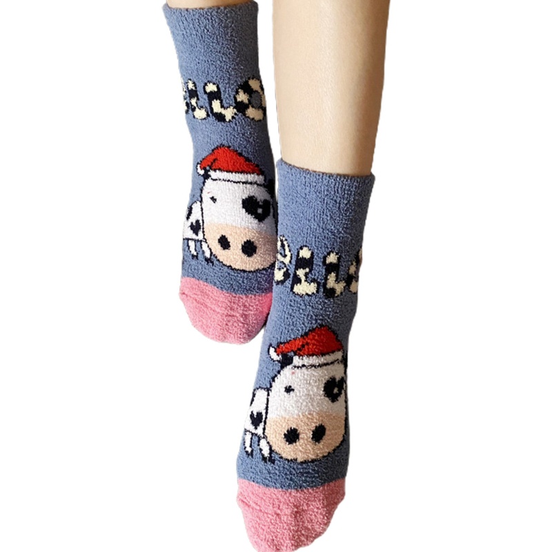 Vớ Nhung San Hô Dày Dặn Ấm Áp In Họa Tiết Bò Sữa Hoạt Hình Dễ Thương Cho Nữ