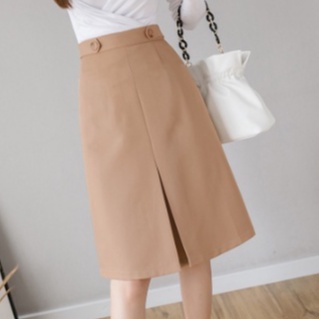 Váy Chữ A Lưng Cao Phong Cách Công Sở Madela Xẻ Trước Phối Đai Đính Cúc, Chân Váy Lưng Cao Xẻ Trước Phong Cách Hàn Quốc