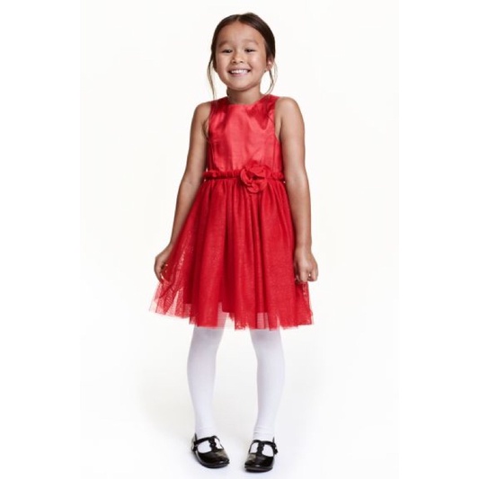 Đầm xoè đỏ bé gái HM voan phối satin sang chảnh