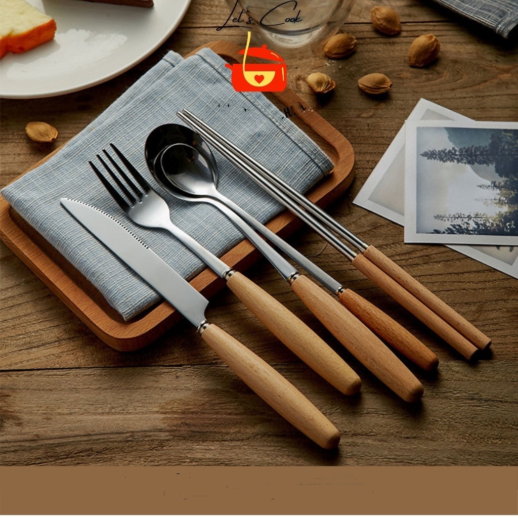 Bộ thìa inox cán gỗ phong cách Hàn Quốc cao cấp