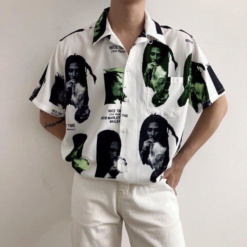 (Kèm ảnh thật) Áo sơ mi voan lụa unisex tay lỡ in hình