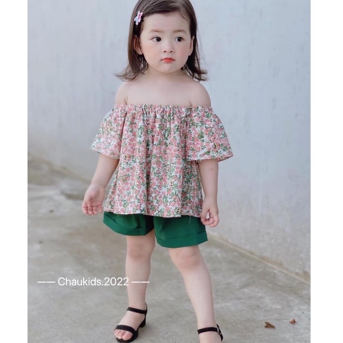 SIÊU PHẨM !! Bộ cộc tay bé gái, Set hoa nhí trễ vai quần xanh bé gái