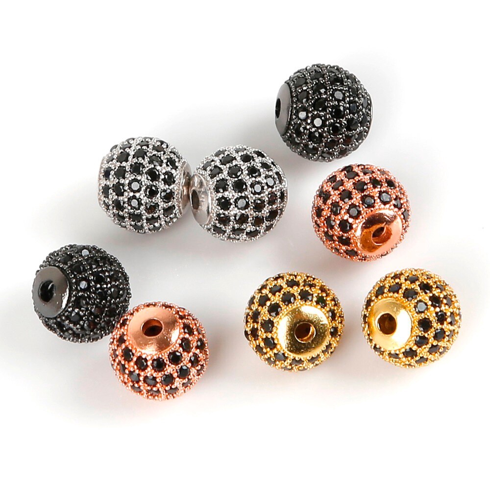 Hạt xỏ lỗ tròn bằng đồng đính đá cz màu đen 10mm dùng làm trang sức diy