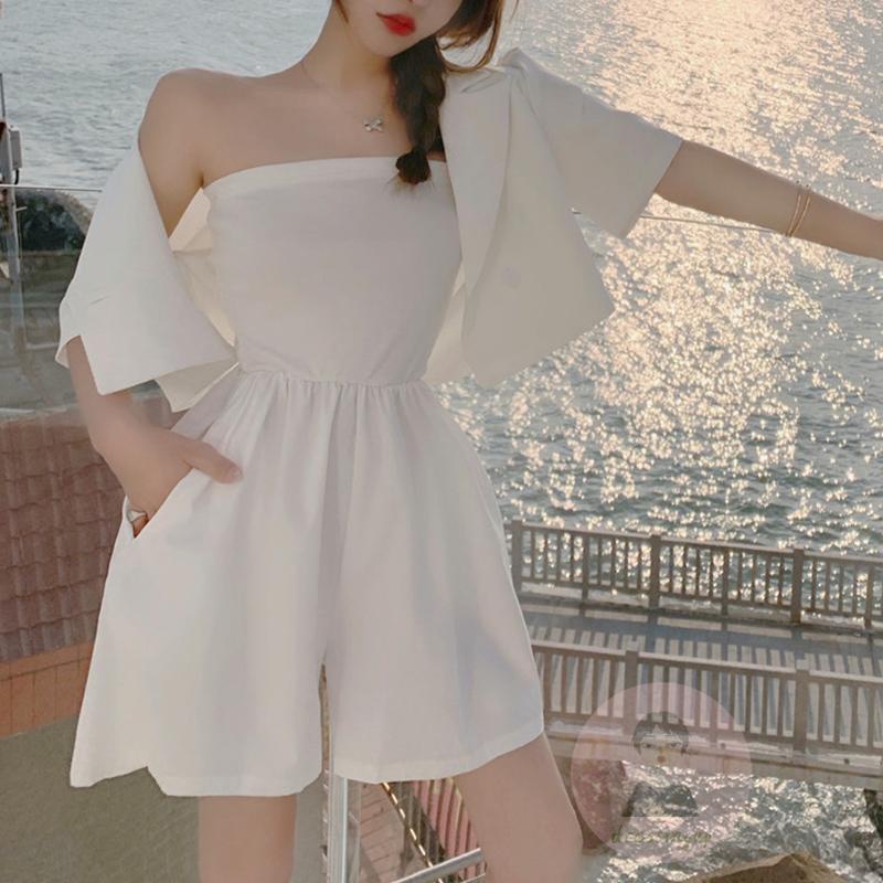 Bộ Áo Khoác Blazer Ngắn Tay Màu Trơn Phối Quần Đen Thời Trang Cho Nữ