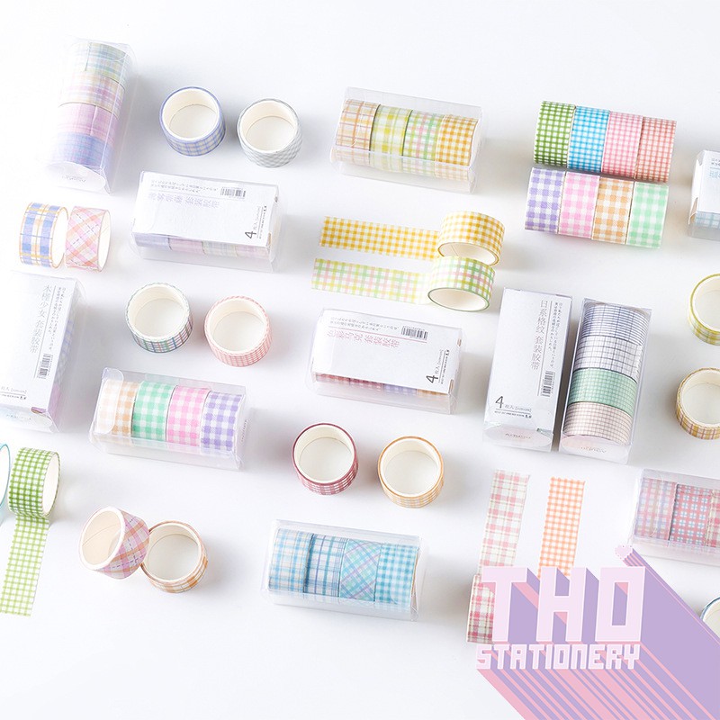 Washi tape caro giá rẻ set 4 cuộn washi sticker hình Dán trang trí sổ tay bullet journal dụng cụ dán BASIC GINGHAM