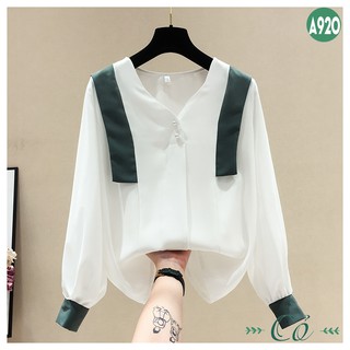 Áo sơ mi cổ tim phối màu - A920