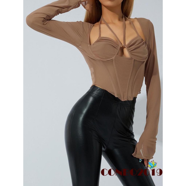 Áo Croptop Tay Dài Phối Lưới Cổ Khoét Sâu Nhiều Dây Màu Sắc Thời Trang Quyến Rũ Cho Nữ