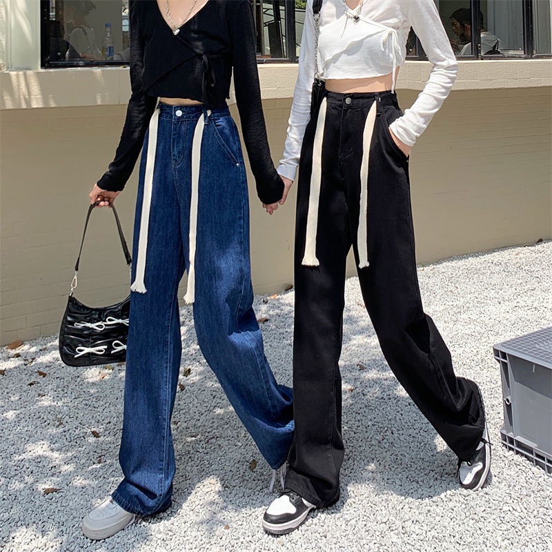 Quần jean lưng cao ống rộng thiết kế dây rút thời trang thu đông hàng mới dành cho nữ