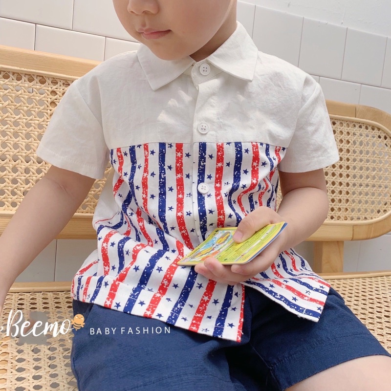Set sơ mi short kẻ sọc bé trai