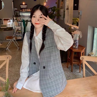 Gile kẻ mix sơ mi dáng rộng - Set gile áo sơmi oversize có tách set