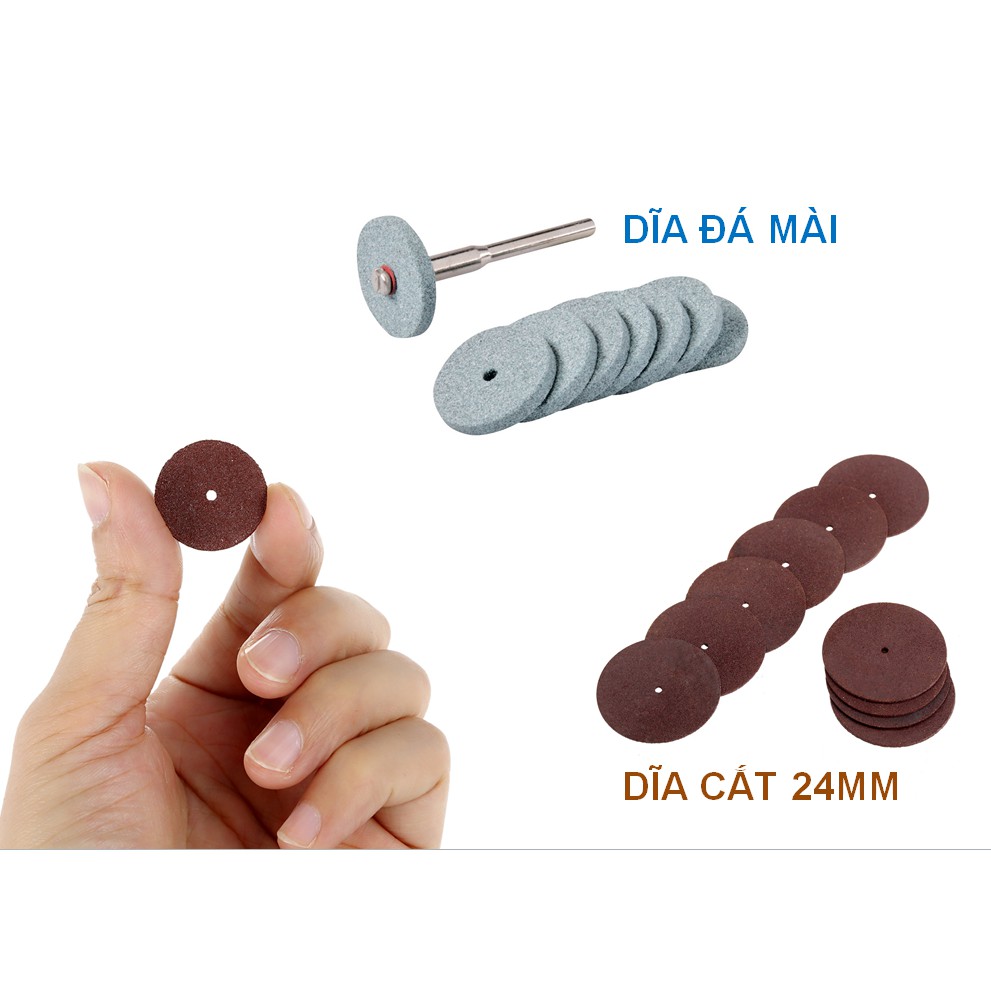 Combo 5 dĩa cắt 24mm hoặc 5 dĩa đá mài kèm 1 trục lắp 2.3mm dùng cho khoan điện đa năng mini cầm tay - Luân Air Models