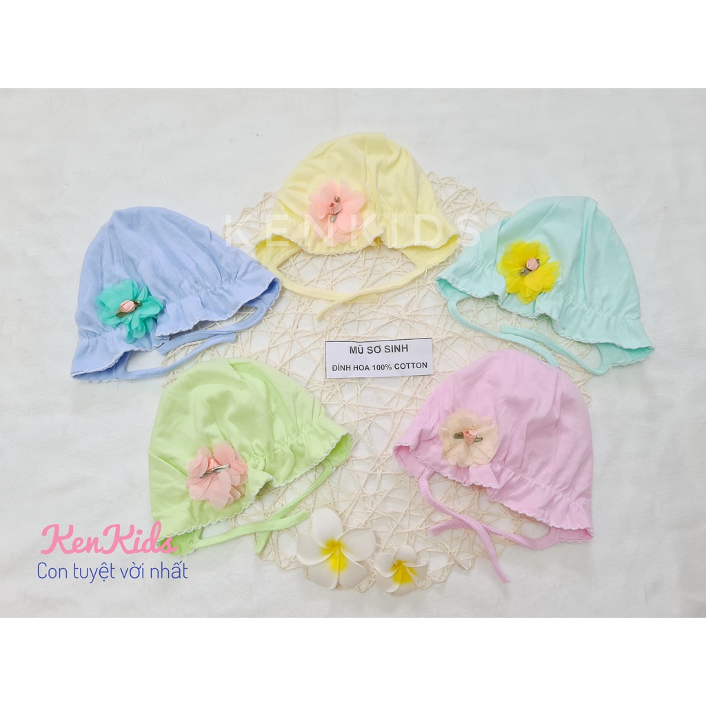SET 3 Nón mũ bèo sơ sinh đính hoa 100% cotton mềm có dây buộc cho bé gái