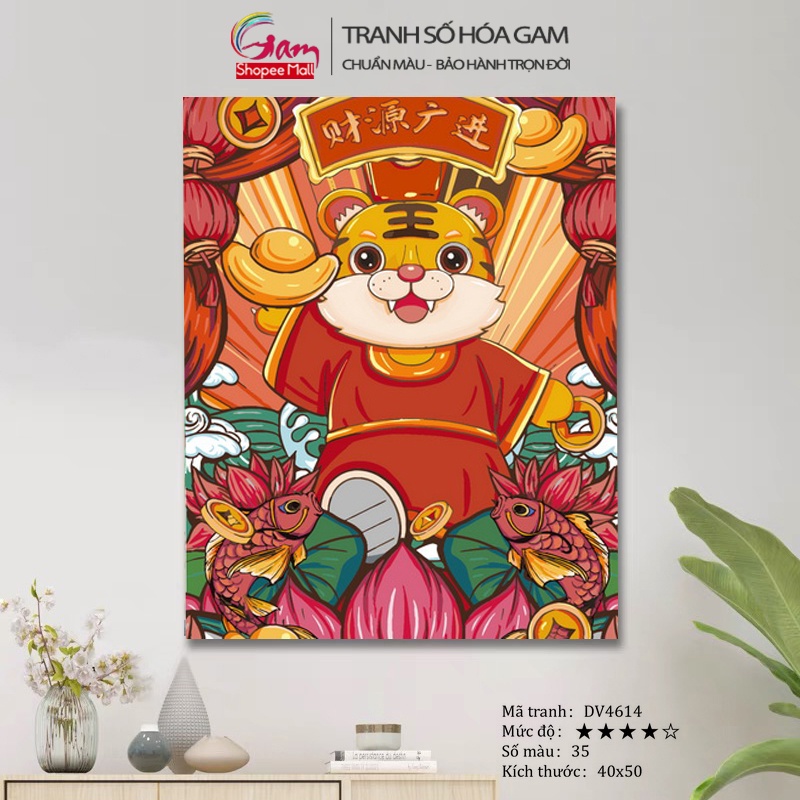Tranh Sơn Dầu Số Hóa GAM Hổ Thần Tài Tuổi Dần Có Khung Nâng Cấp Lọ Màu 5ml Kèm 2 Bộ Cọ DV4614