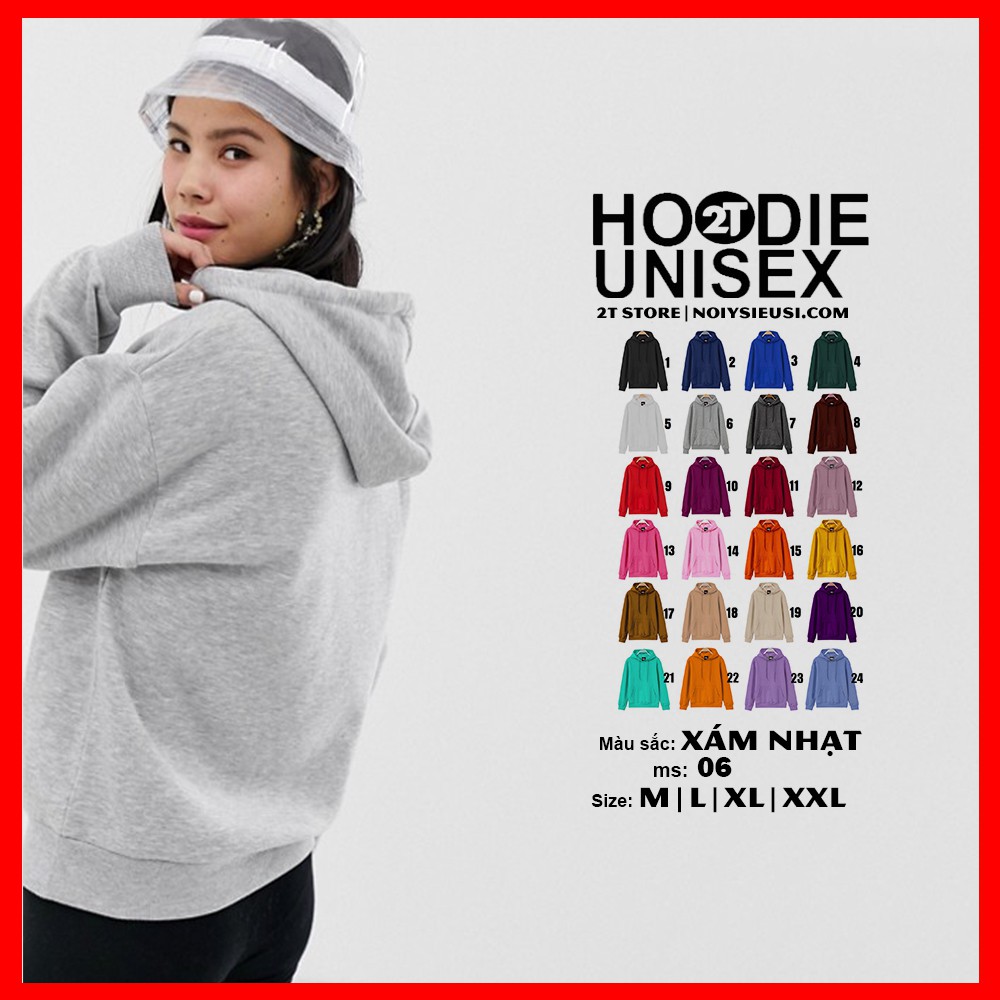 Áo hoodie unisex 2T Store H06 màu xám nhạt - Áo khoác nỉ chui đầu nón 2 lớp dày dặn chất lượng đẹp