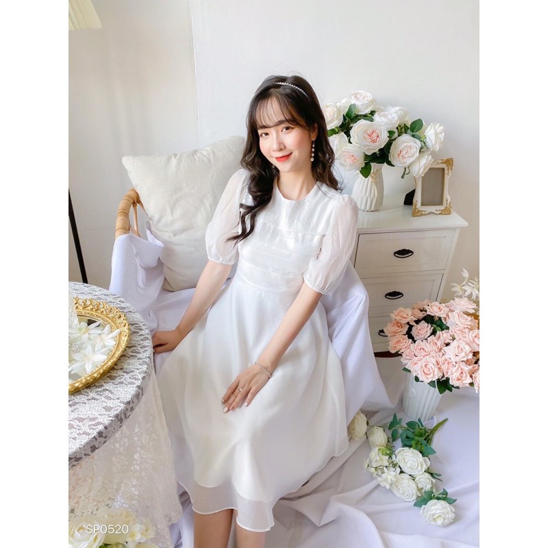 Váy trắng dài Jessica Dress -Lyn- Váy dài qua gối chất liệu gân Hàn cao cáp dáng xoè,dự tiệc,đi cưới,kỷ yếu.