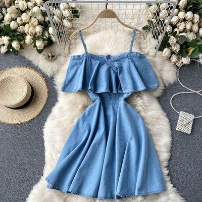 Đầm denim bò trễ vai váy 2 dây cá tính Đ504 - Có ảnh thật