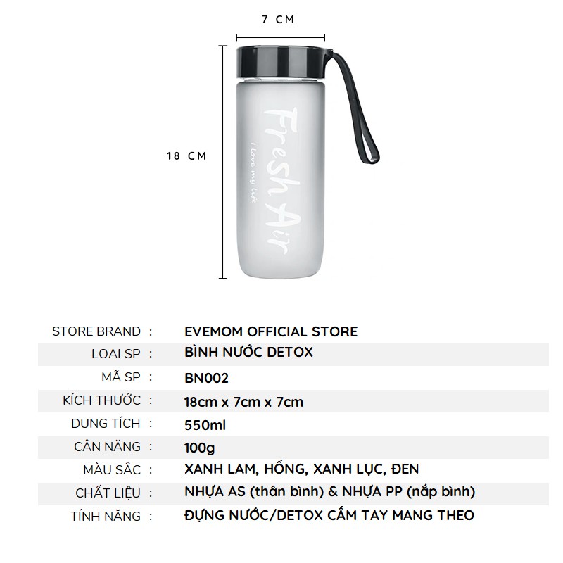 Bình Nước Nhựa Detox Sinh Viên Học Sinh Cute Dễ Thương 550ml EVEMOM STORE BN002 | BigBuy360 - bigbuy360.vn