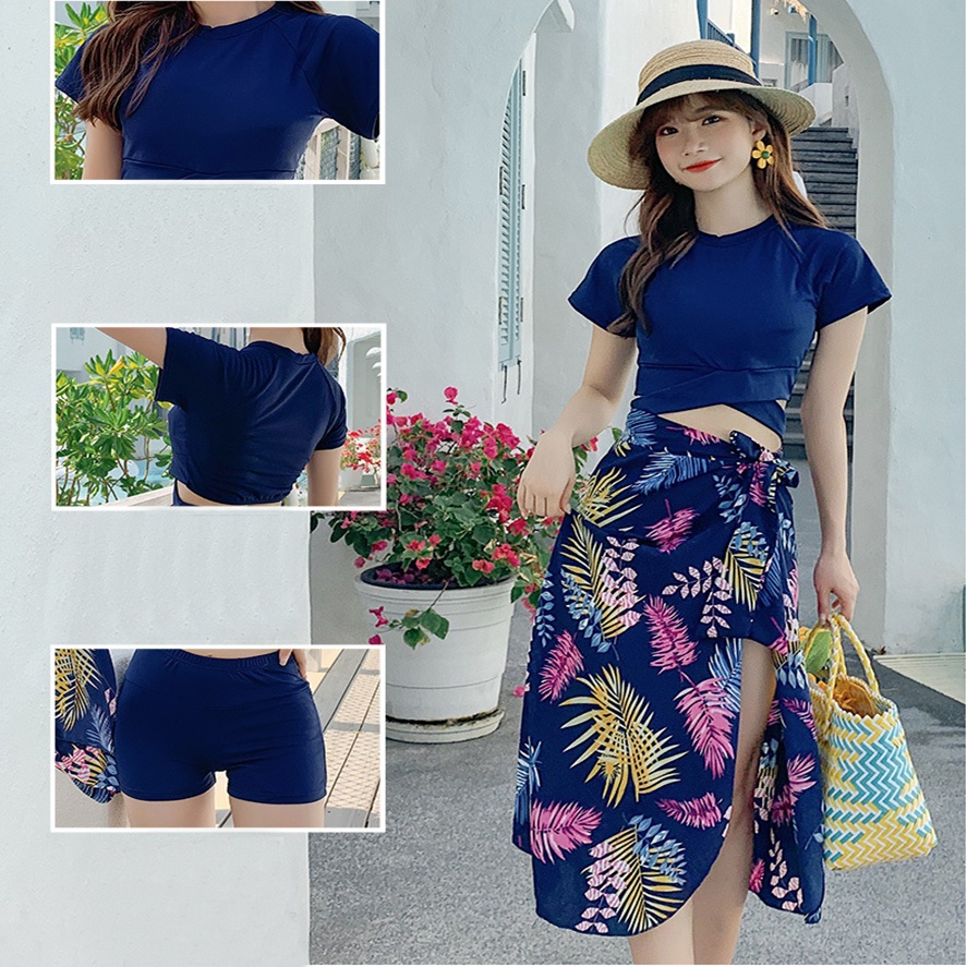 Bộ đồ bơi ba món kín đáo với áo bơi có tay, quần short và khăn choàng họa tiết cây lá mùa hè kiểu dáng Hàn Quốc 8107