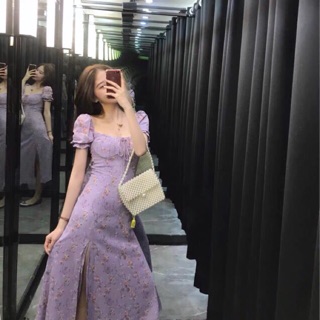 Đầm tay phồng hoa nhí tím mộng mơ ulzzang