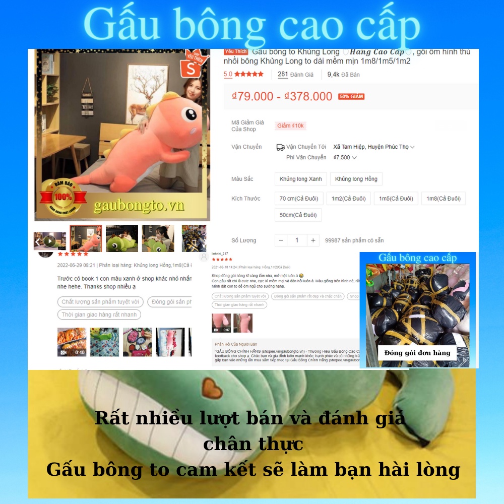 Gấu bông to Khủng Long 🛡𝑯𝒂̀𝒏𝒈 𝑪𝒂𝒐 𝑪𝒂̂́𝒑🛡, gối ôm hình thú nhồi bông Khủng Long to dài mềm mịn 1m8/1m5/1m2