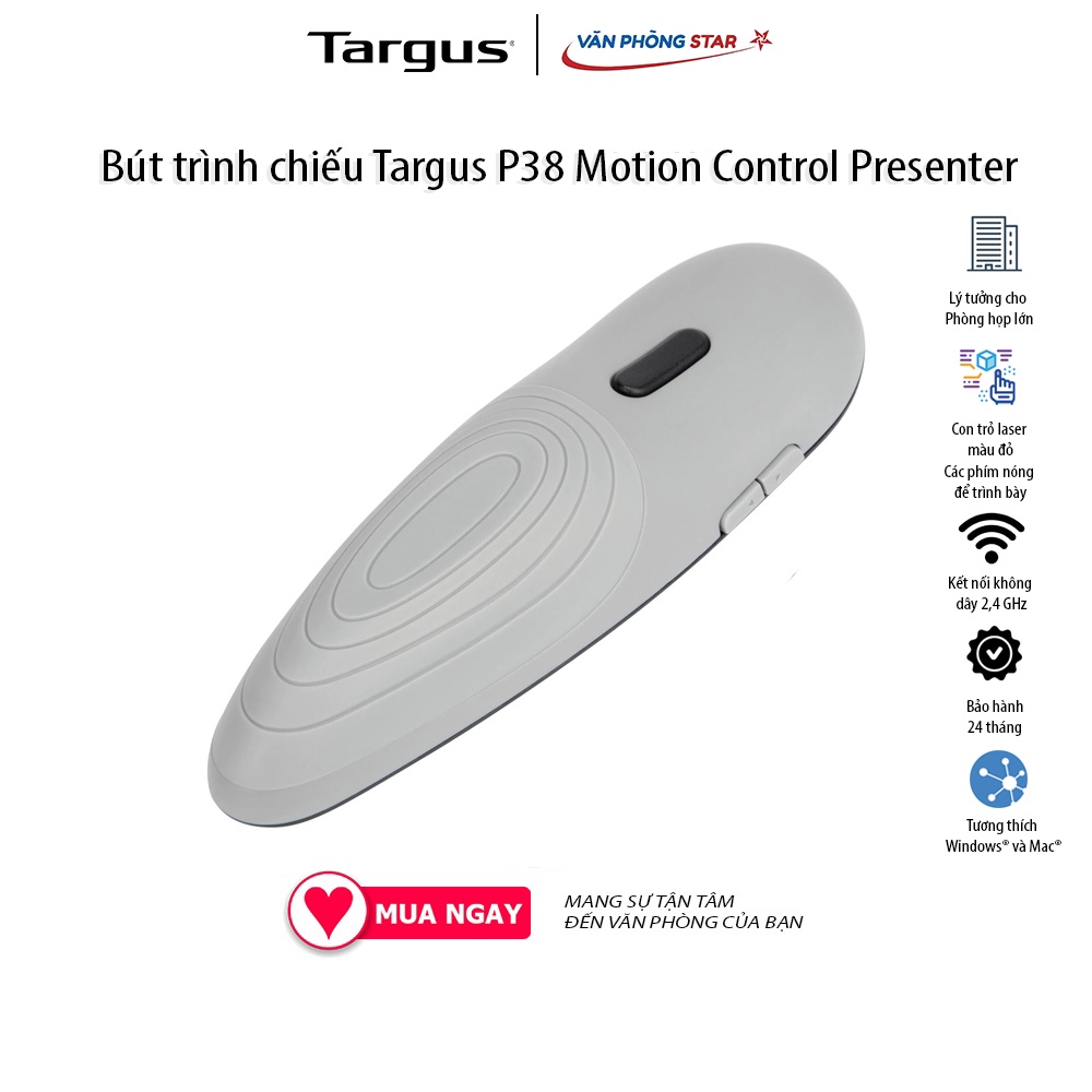 Bút trình chiếu Targus P38 Motion Control Presenter Kết nối không dây Tương thích với Windows &amp; MacOS BH 12 tháng