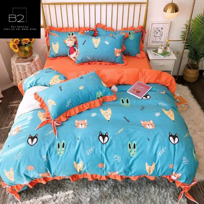 Bộ Chăn Ga Gối Chất Liệu Cotton Silk Bèo Nơ Cute Nhập Khẩu 4 Món - loại 1