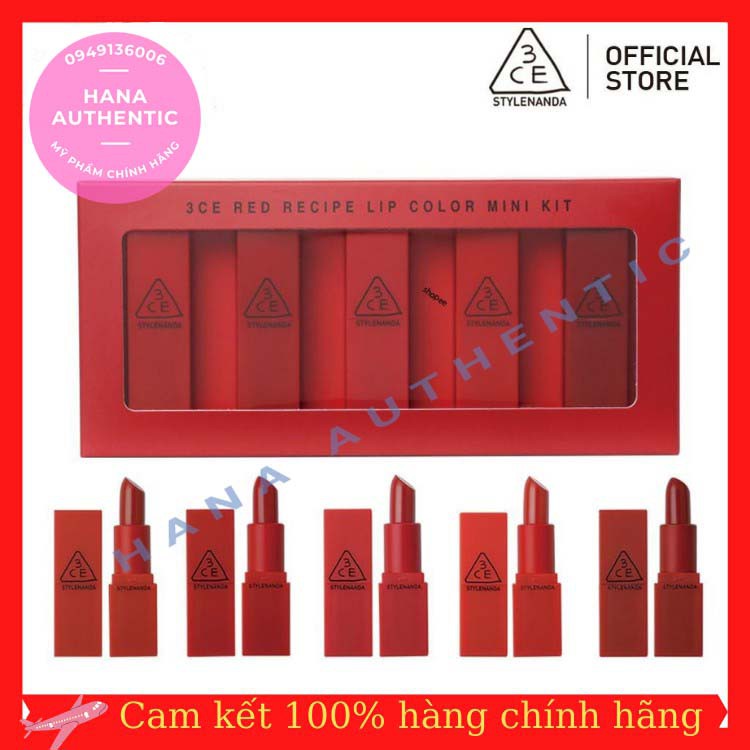 [FREESHIP] Set Son 3CE Red Recipe Lip Color Mini Kit Tông Đỏ 1.3g x 5