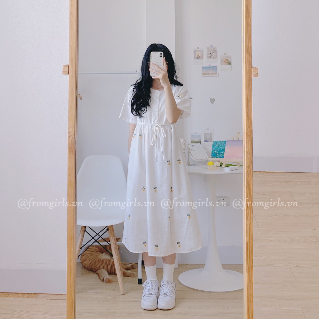 Váy trắng hoa nhí, đầm trắng ulzzang cài cúc ngực  - V51