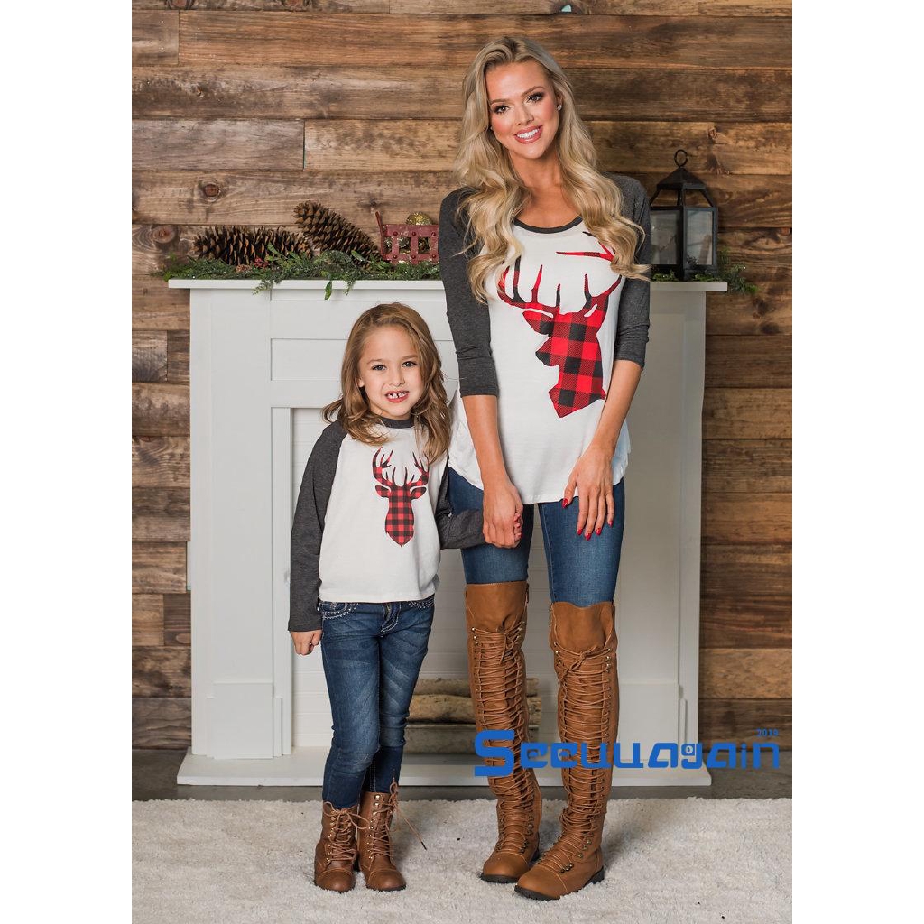 ❥☀✿SEEChristmas Kids Baby Adult Men Women Family deer Cute tops long sleeve O-neck T-shirts Sweater