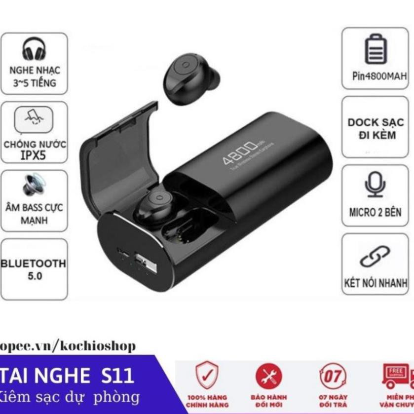 Tai Nghe Blutooth- Tai Nghe S11 kiêm sạc dự phòng 4800 mAh, không dây, có thể sử dụng riêng biệt 2 tai cho 2 điện thoại