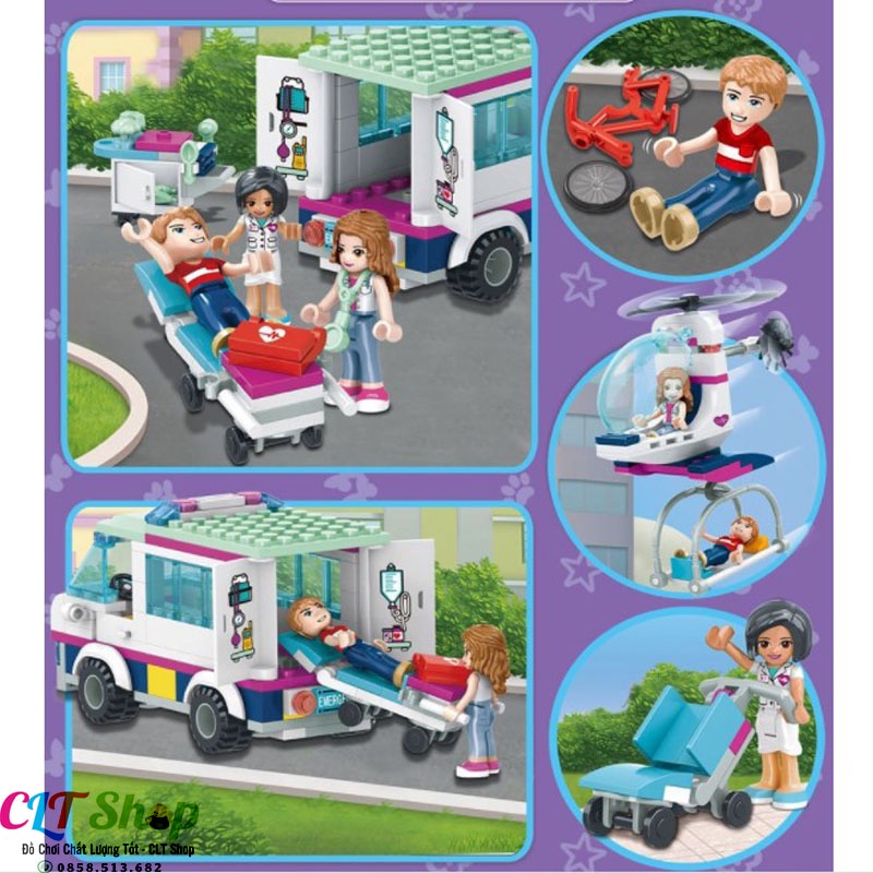 Đồ chơi lắp ráp xếp hình bệnh viện 3 tầng máy bay xe cứu thương cho bé gái CLTshop sx3028