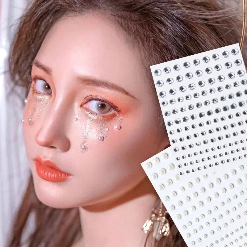 Miếng Dán Mắt/Mặt/Cơ Thể Tự Dính Chống Nước Bằng Acrylic Đính Ngọc Trai 3D Nhiều Màu