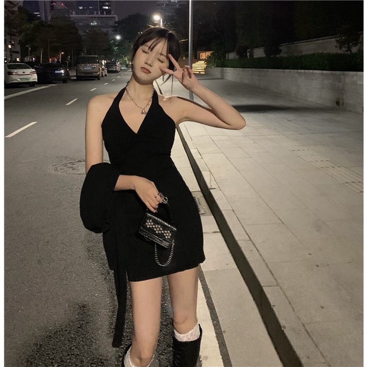 Cocory vn Đầm Mini Màu Đen Cổ Yếm Quyến Rũ Hợp Thời Trang Cho Nữ