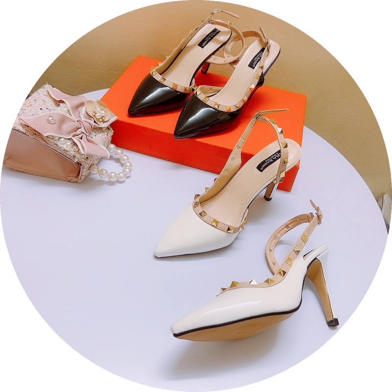 (Giày công sở) Giày sandal cao gót mũi nhọn da bóng viền đinh gót nhọn 8phân