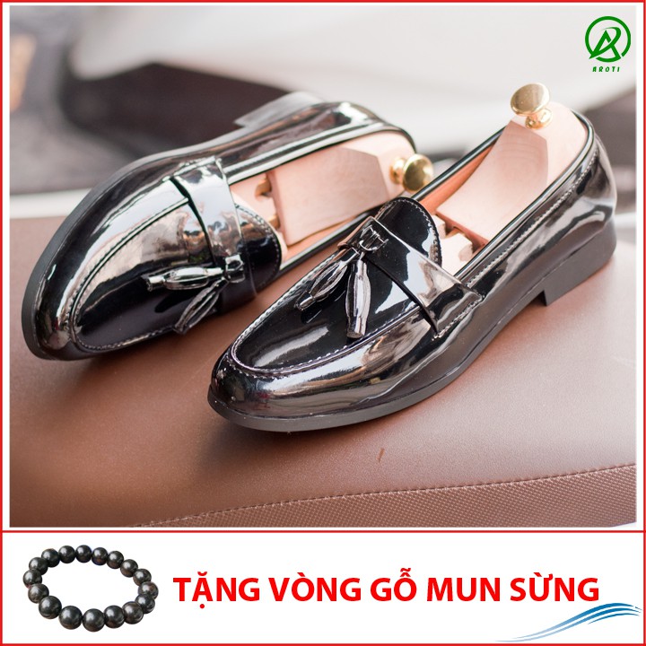 Giày Lười Nam Chuông Da Bóng Sang Trọng Đế Khâu Cao Cấp - M512(GM)-Kèm Vòng Gỗ Mun