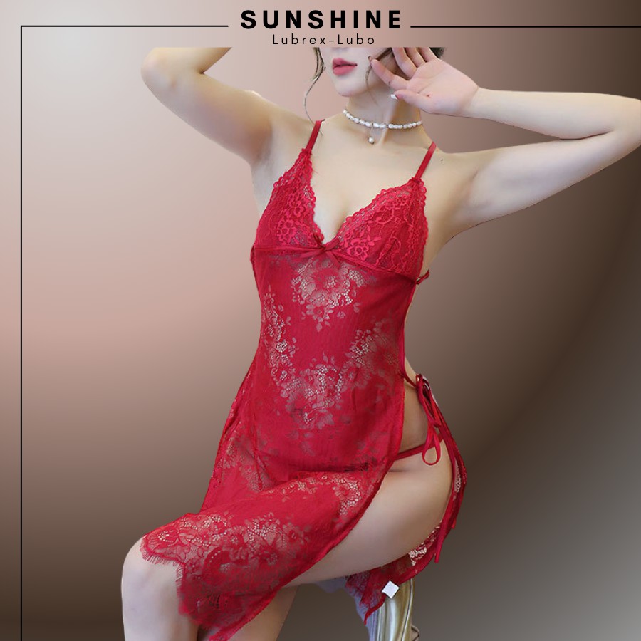 Váy ngủ nữ gợi cảm 2 dây sexy xuyên thấu kèm quần lọt khe nhiều màu đỏ SUNSHINE SX1019