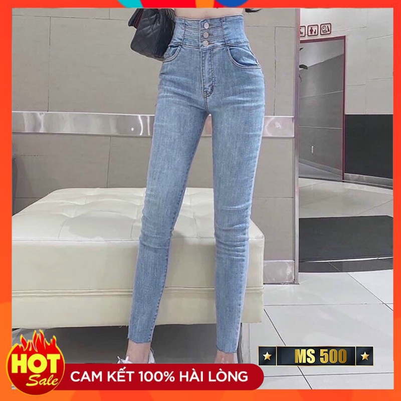 Quần jean nữ lưng cao co giãn có túi, quần bò cạp cao skinny jeans trơn dài basic mẫu mới thebeautyhouse99 t500