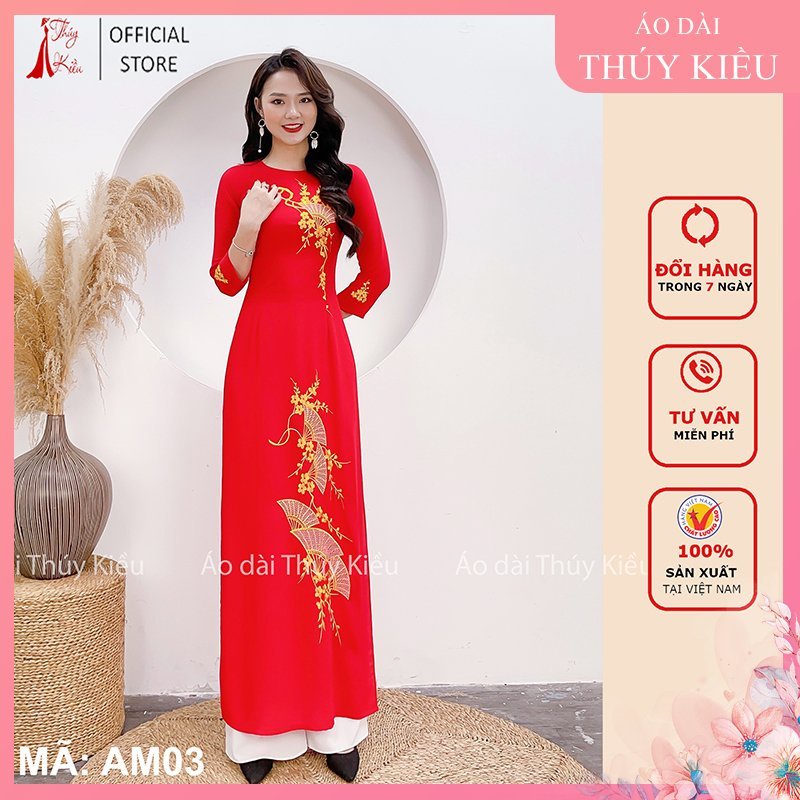 Áo dài may sẵn thiết kế nữ thêu trung niên đẹp cách tân tết màu đỏ AM03 Thúy Kiều mềm mại, co giãn