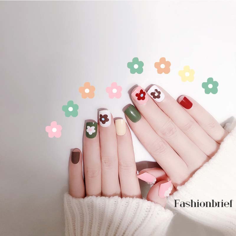 [Hàng mới về] Set 24 móng tay giả họa tiết hoa phong cách Hàn Quốc xinh xắn