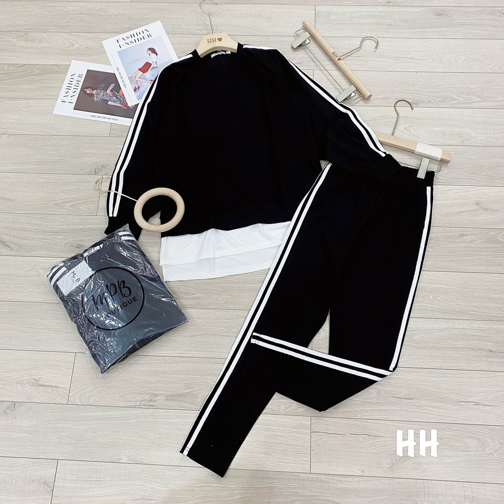 S7283 Set Áo Thụng Dài Tay Phối Đuôi Bèo và Quần Legging Chạy Viền Sọc Das Tôn Dáng