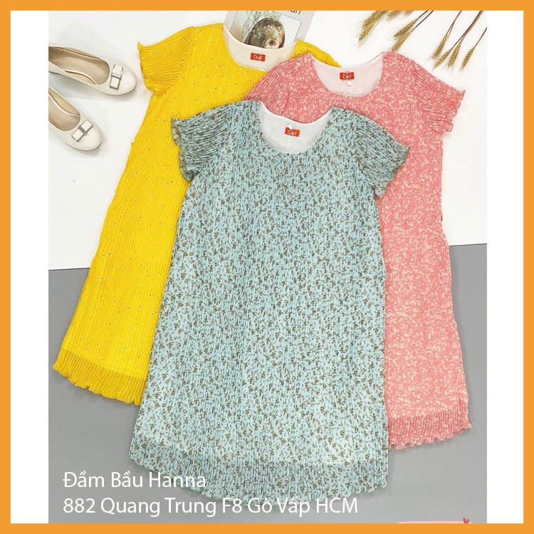 [SIZE 40-75KG] Đầm bầu dự tiệc sang chảnh vải voan dập ly xinh mát có size 75kg dài qua gối có túi bên sườn vải mát