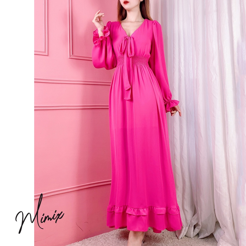 Váy maxi hoa tay dài có nơ ngực MIMIX BJ8205