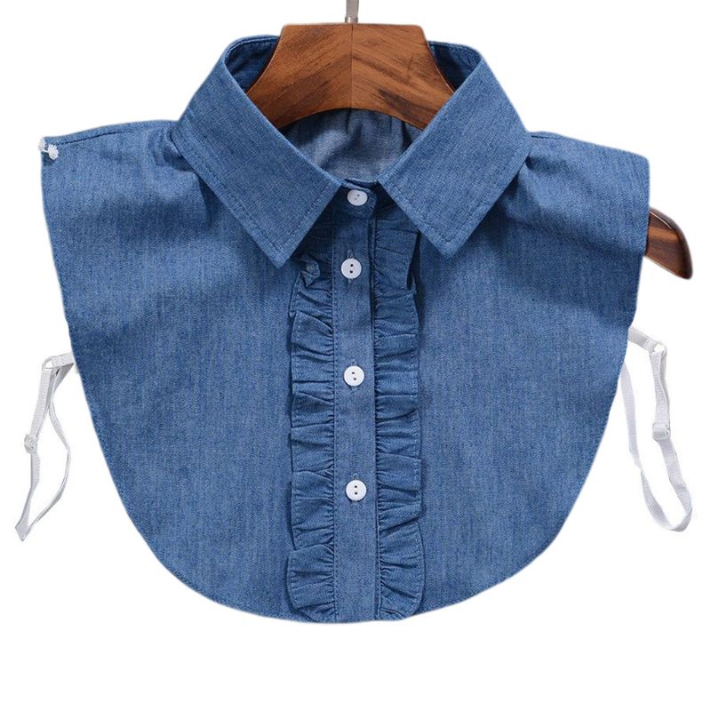 Cổ áo sơ mi giả denim họa tiết kẻ sọc phối bèo nhún dễ thương cho nữ | BigBuy360 - bigbuy360.vn