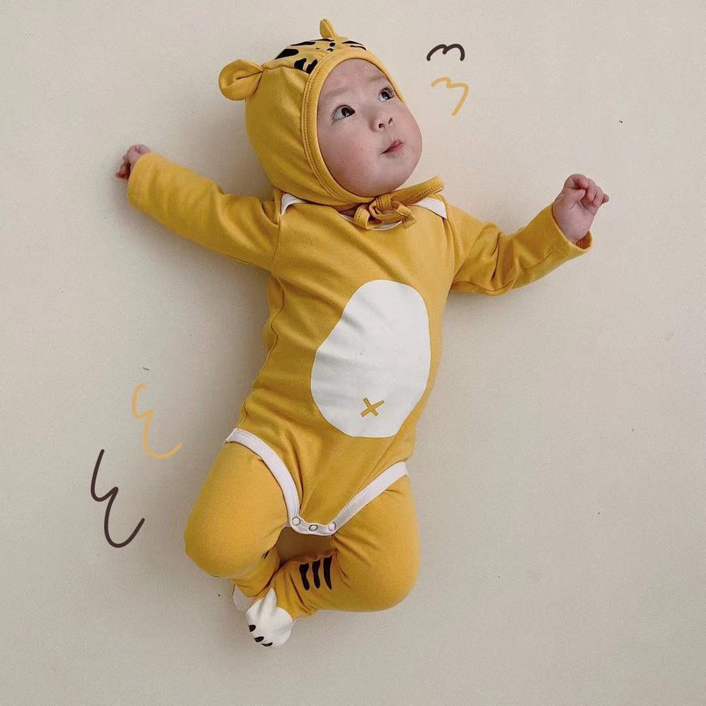 Bộ 3 Món Áo Liền Quần Tay Dài In Hoạt Hình Hổ Dễ Thương Cho Bé Sơ Sinh Từ 0-2 Tuổi